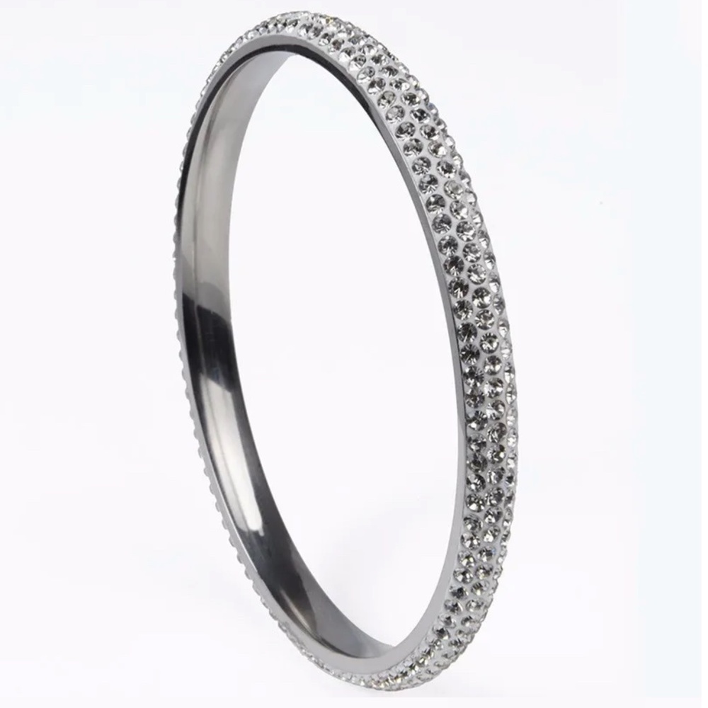 Crystal Pavé Stainless Steel Bangle Bracelet – White, 65x5mm, 3-Row Sparkle Desi